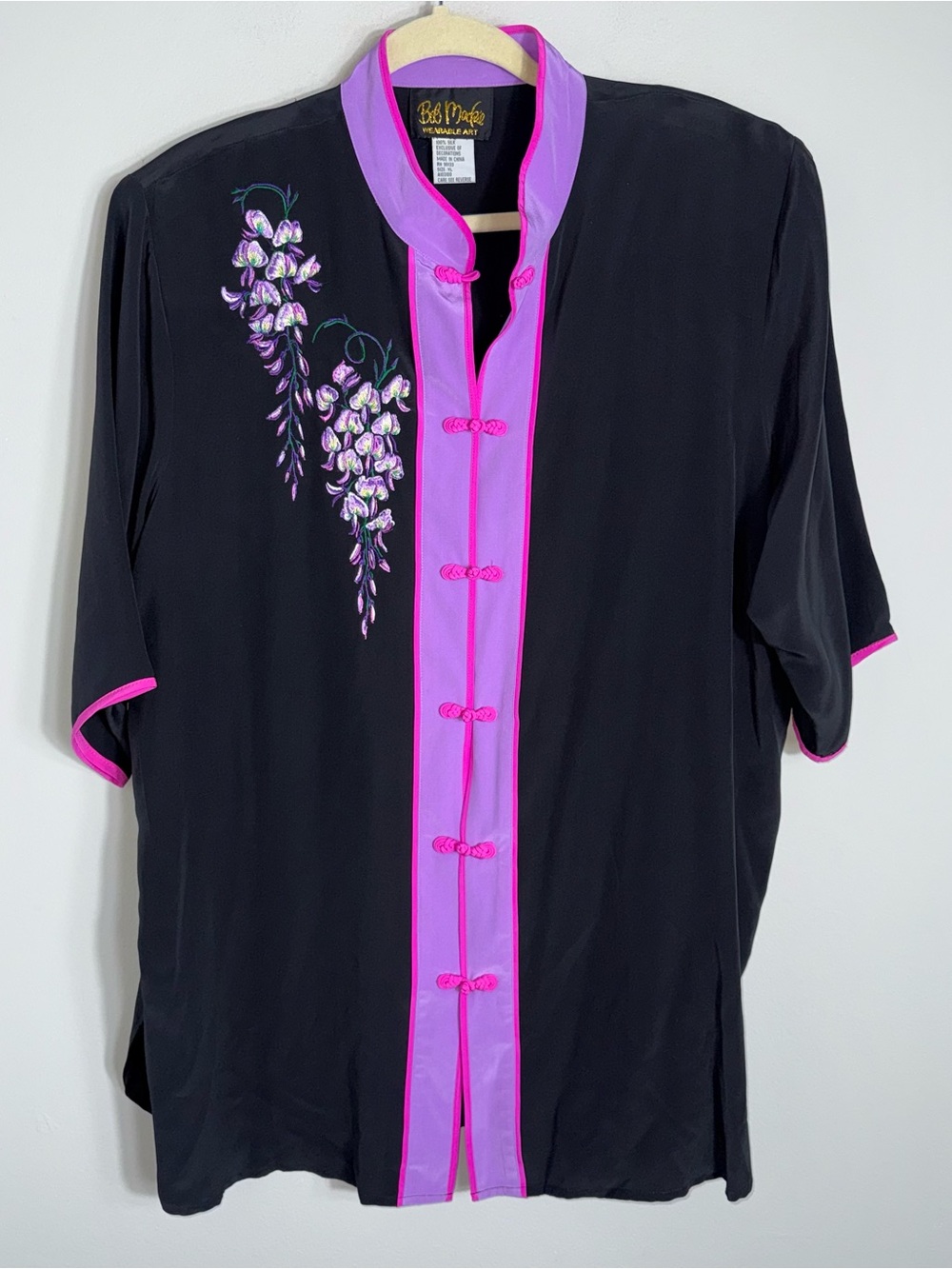 Bob Mackie Wearable Art Short Sleeve Silk Embroidered Blouse-Black Purple-XL